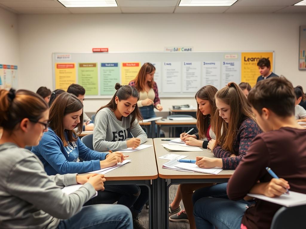 Students engaged in retrieval practice activities in a classroom Students engaged in retrieval practice activities in a classroom