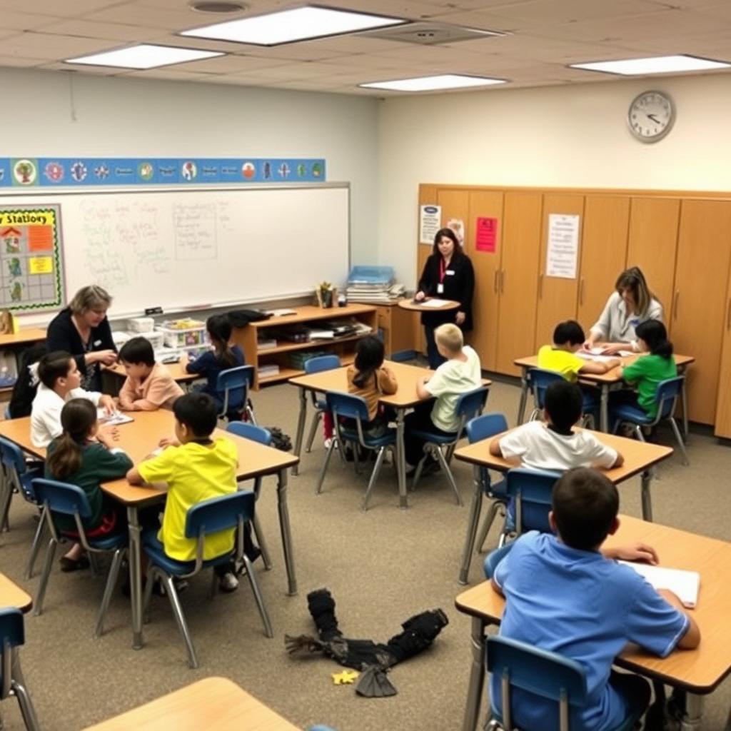 Students rotating between learning stations in a co-taught classroom to support student learning Students rotating between learning stations in a co-taught classroom to support student learning