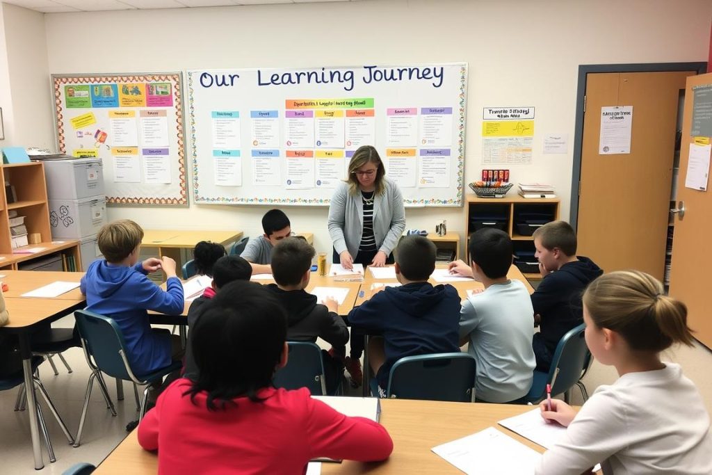 Students setting learning goals with teacher using growth mindset teaching strategies Students setting learning goals with teacher using growth mindset teaching strategies