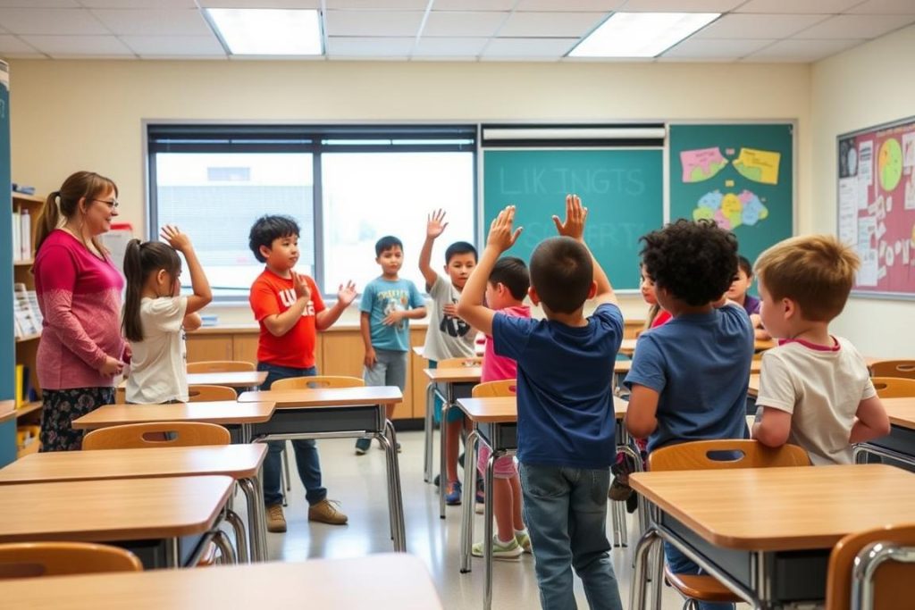 Students taking a brain break during class with movement activities Students taking a brain break during class with movement activities
