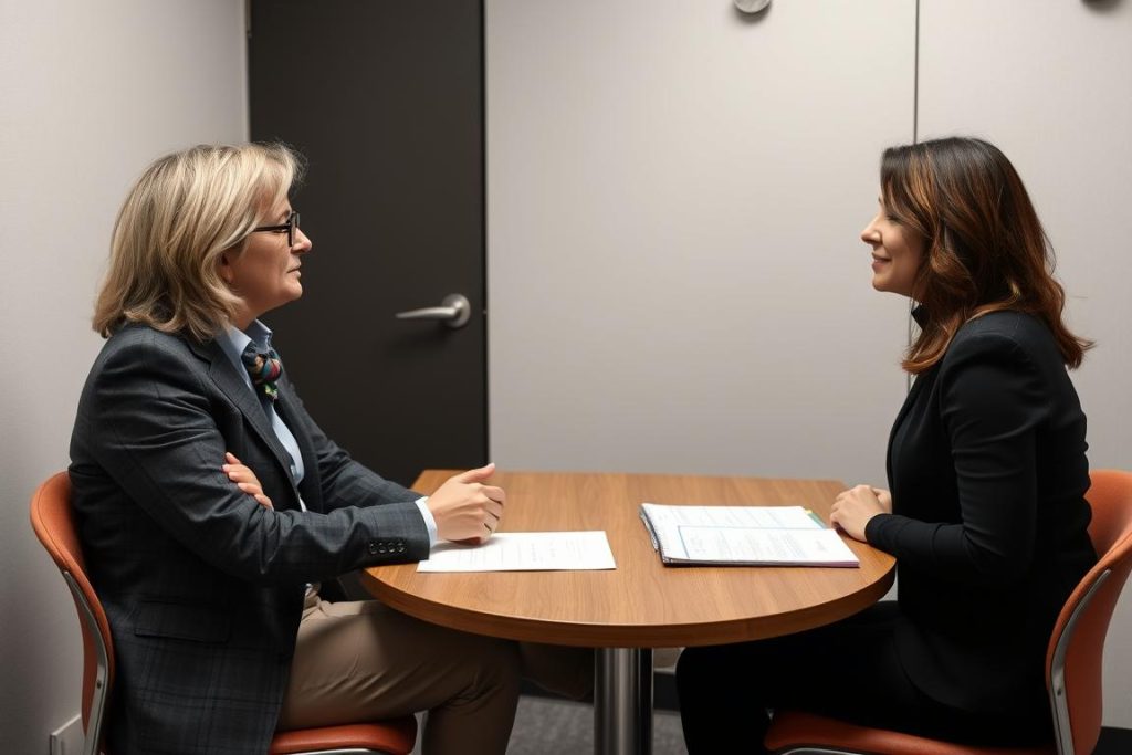 Teacher and parent engaged in a constructive difficult conversation