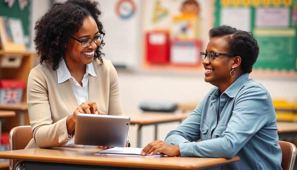 Teacher and parent having a positive conversation during conference with Tips to Foster Teacher and parent having a positive conversation during conference with Tips to Foster Relations text overlay