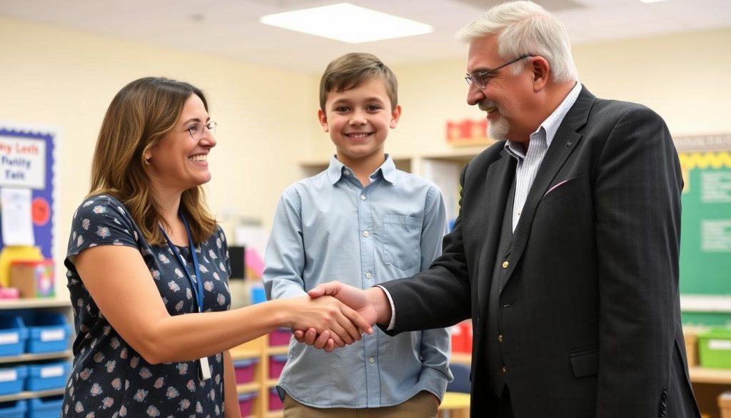 Teacher and parent shaking hands with student smiling between them Teacher and parent shaking hands with student smiling between them