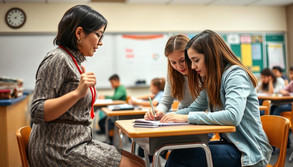 Teacher assisting individual students while another teaches the class, demonstrating the one teach, one assist co-teaching model Teacher assisting individual students while another teaches the class, demonstrating the one teach, one assist co-teaching model