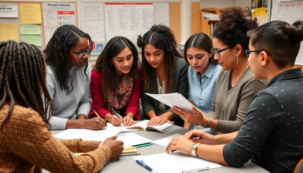 Teacher collaborating with colleagues on growth mindset implementation strategies Teacher collaborating with colleagues on growth mindset implementation strategies