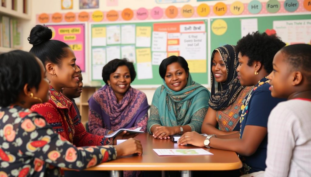 Teacher communicating with diverse families using culturally sensitive approaches Teacher communicating with diverse families using culturally sensitive approaches