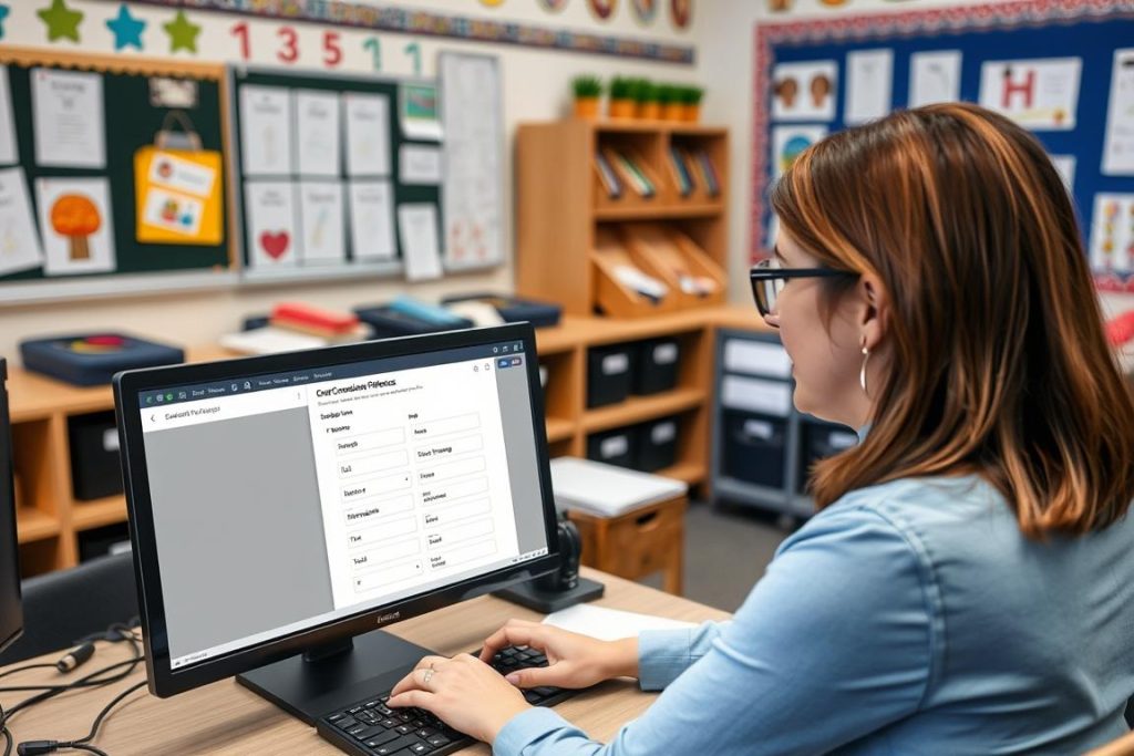 Teacher creating a communication preference form for families Teacher creating a communication preference form for families