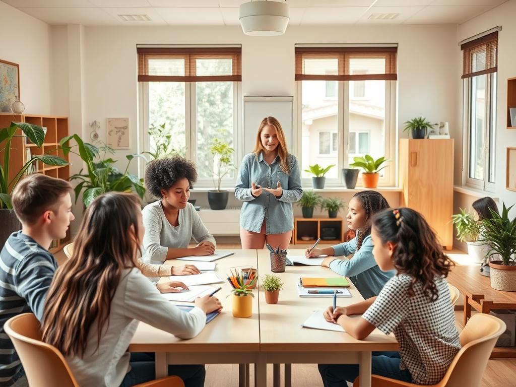 Teacher creating a low-stress classroom environment where students appear engaged and empowered in their learning