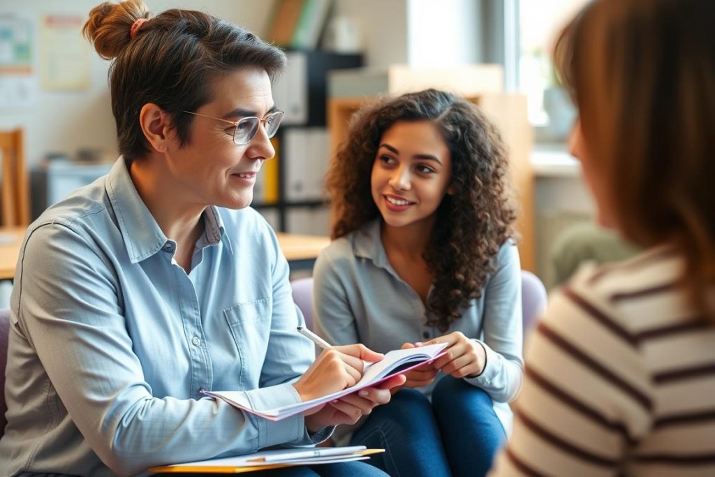 Teacher demonstrating active listening skills while Building Strong Connections with a parent Teacher demonstrating active listening skills while Building Strong Connections with a parent