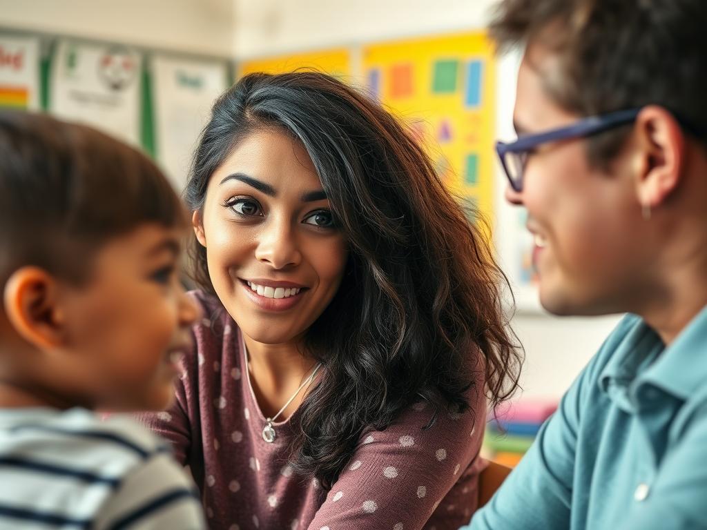 Teacher demonstrating active listening skills with a parent Teacher demonstrating active listening skills with a parent
