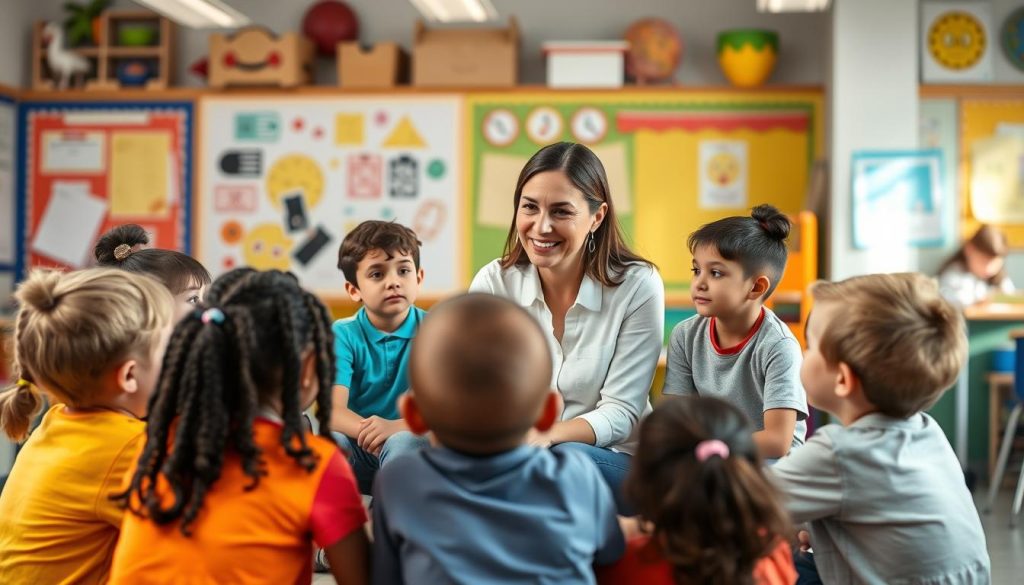 Teacher demonstrating active listening with students in classroom Teacher demonstrating active listening with students in classroom