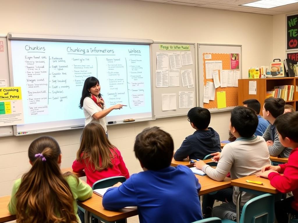 Teacher demonstrating chunking techniques with organized visual materials Teacher demonstrating chunking techniques with organized visual materials