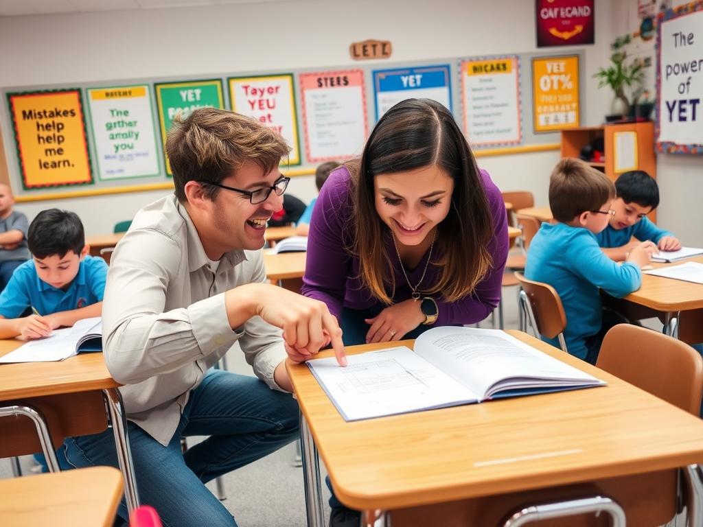 Teacher demonstrating growth mindset teaching strategies by analyzing mistakes Teacher demonstrating growth mindset teaching strategies by analyzing mistakes