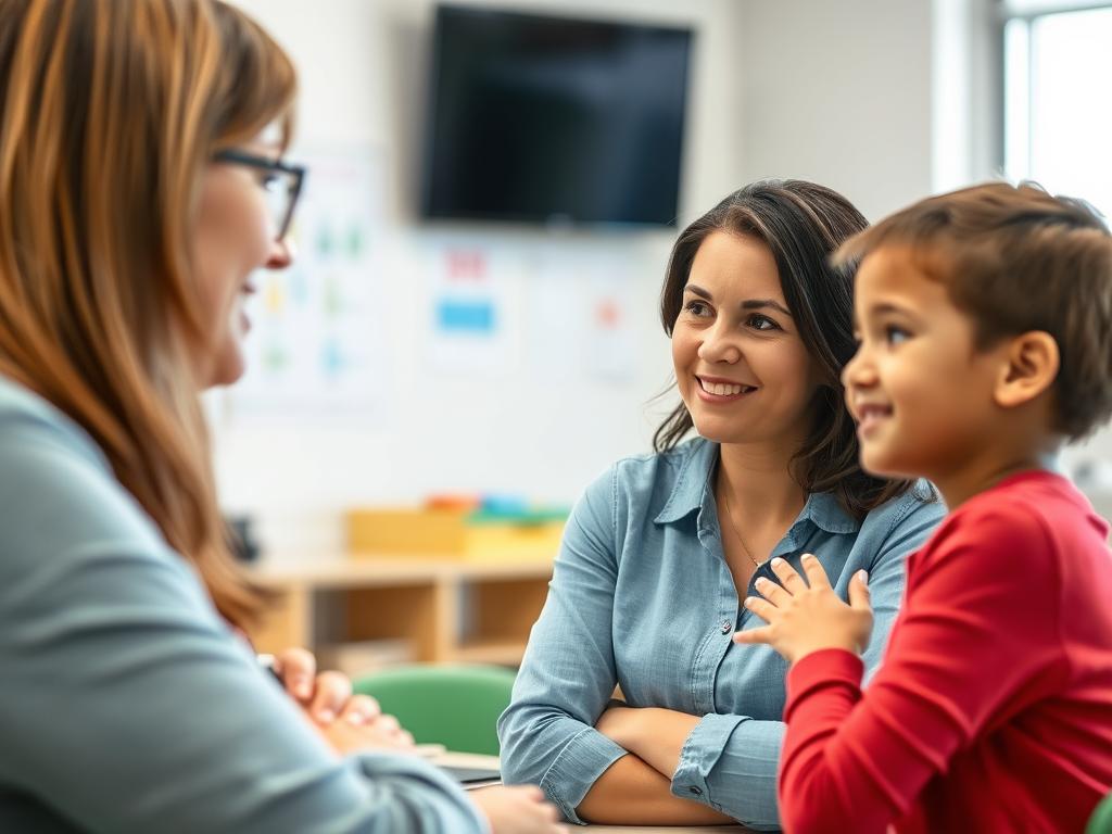 Teacher demonstrating positive nonverbal communication during parent interaction Teacher demonstrating positive nonverbal communication during parent interaction