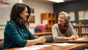 Teacher discussing top tips for parent teacher communication with a parent Teacher discussing top tips for parent teacher communication with a parent