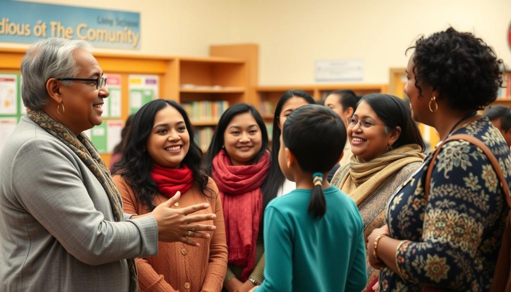 Teacher engaging with diverse group of parents at a school event Teacher engaging with diverse group of parents at a school event