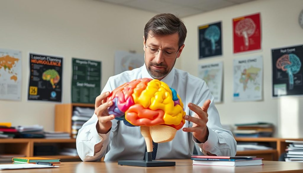 Teacher examining a colorful brain model while planning lessons based on brain research Teacher examining a colorful brain model while planning lessons based on brain research
