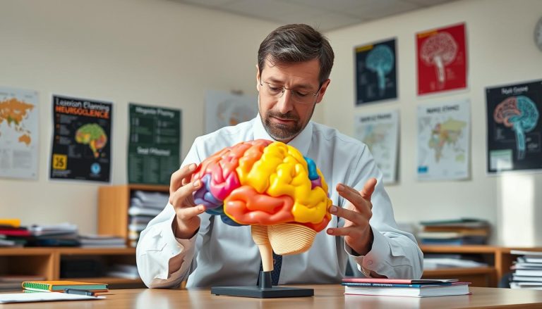 Teacher examining a colorful brain model while planning lessons based on brain research