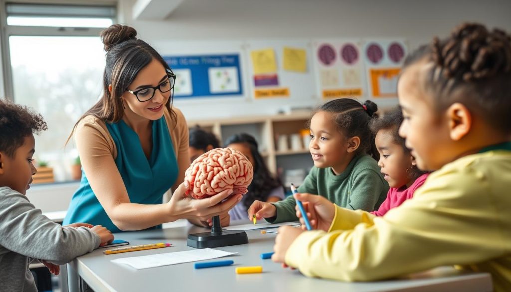 Teacher examining a colorful brain model while students engage in active learning Teacher examining a colorful brain model while students engage in active learning