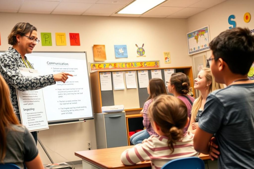 Teacher explaining communication expectations at back-to-school night Teacher explaining communication expectations at back-to-school night