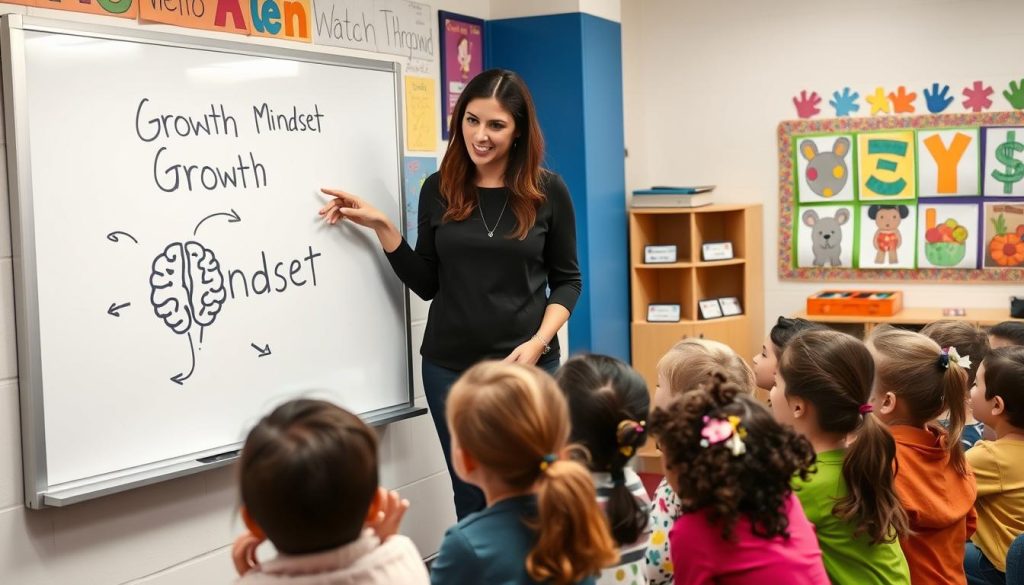 Teacher explaining growth mindset concept to students using 6 steps for teachers approach Teacher explaining growth mindset concept to students using 6 steps for teachers approach