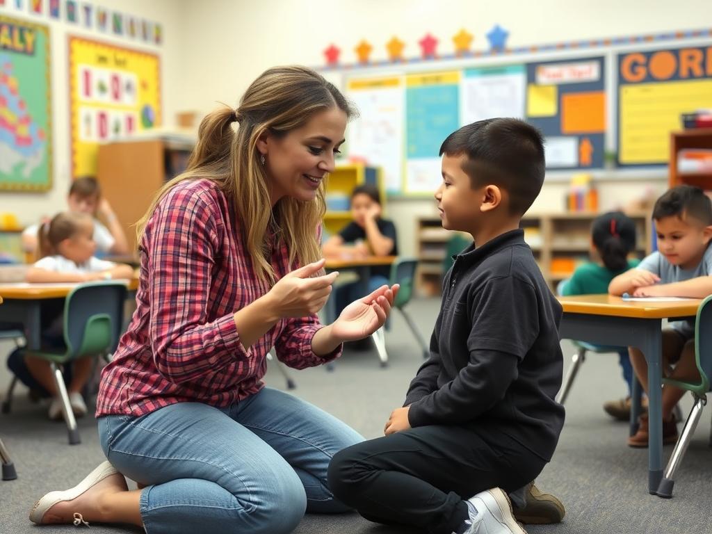 Teacher helping a student develop emotional regulation skills in an empowered classroom environment
