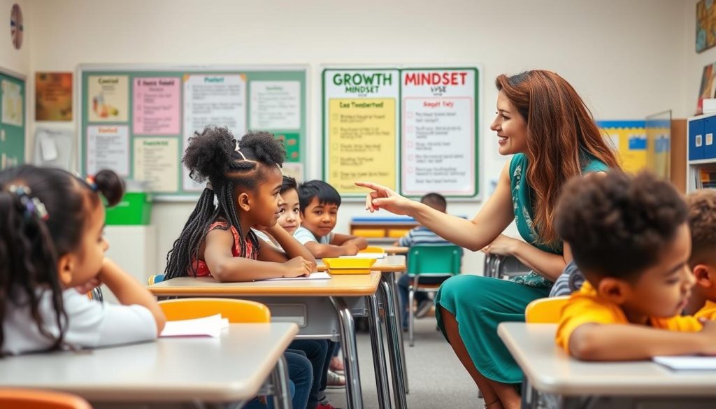 Teacher helping students develop a growth mindset in a diverse classroom setting Teacher helping students develop a growth mindset in a diverse classroom setting