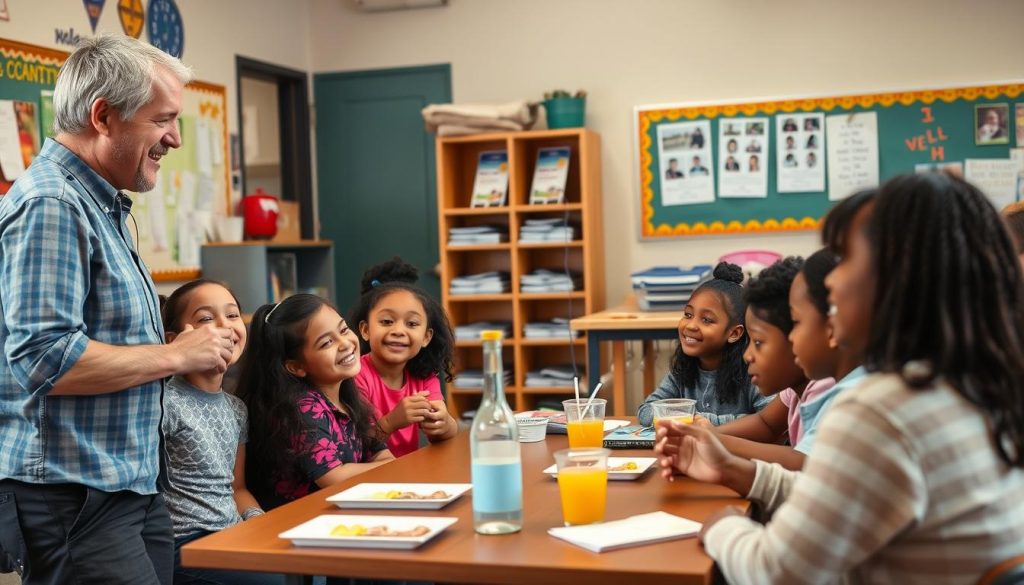 Teacher hosting a casual family engagement event in classroom Teacher hosting a casual family engagement event in classroom