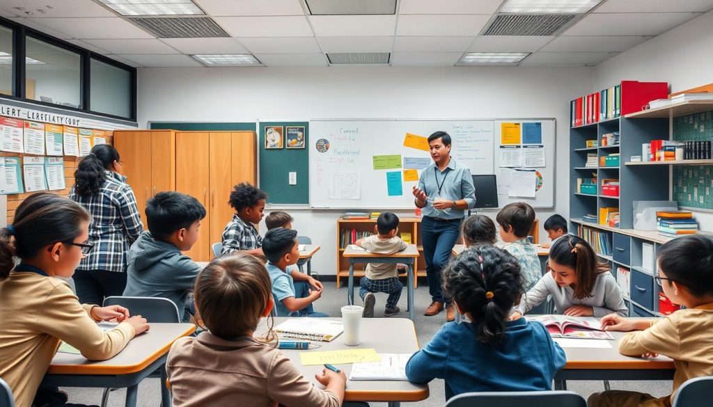 Teacher implementing brain-based learning strategies in a classroom with engaged students