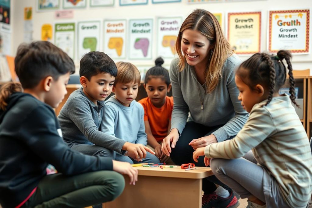 Teacher implementing growth mindset strategies with elementary students Teacher implementing growth mindset strategies with elementary students