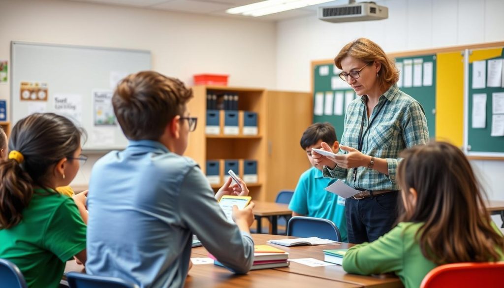 Teacher implementing spaced repetition techniques with students Teacher implementing spaced repetition techniques with students