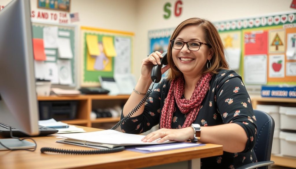 Teacher making positive phone call home to parent Teacher making positive phone call home to parent