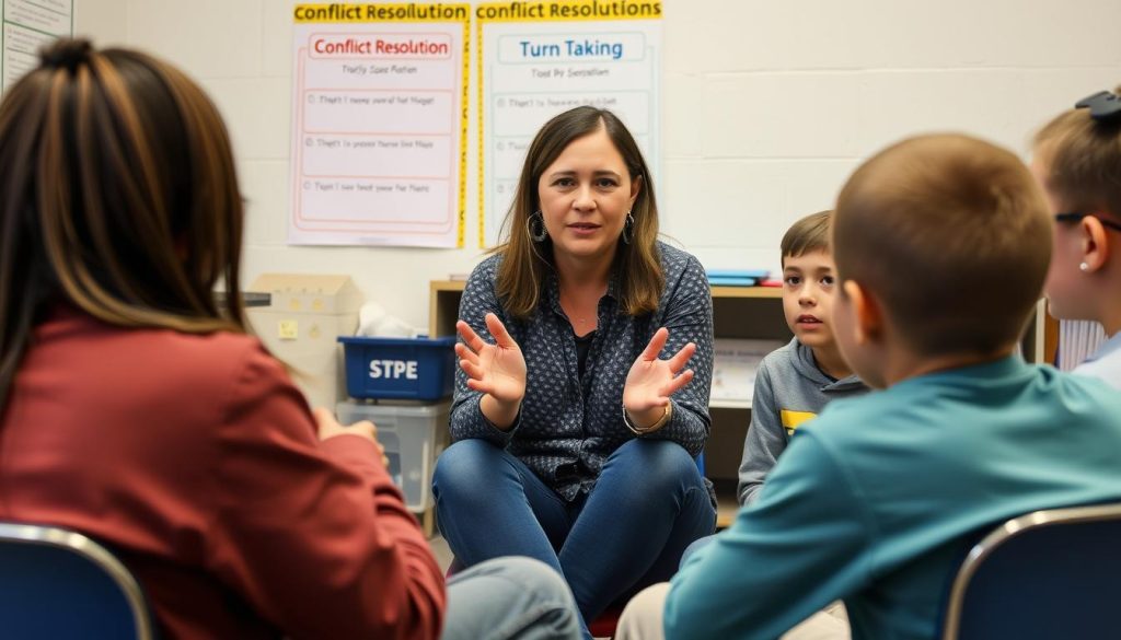 Teacher mediating conflict resolution between students Teacher mediating conflict resolution between students