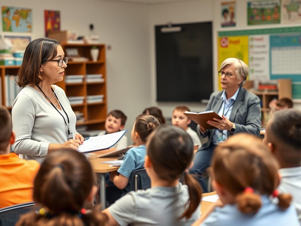 Teacher observing while another teaches, demonstrating the one teach, one observe co-teaching model Teacher observing while another teaches, demonstrating the one teach, one observe co-teaching model