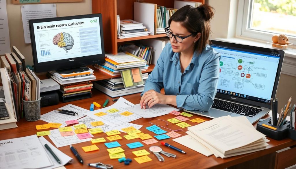Teacher planning a brain-based curriculum with learning materials Teacher planning a brain-based curriculum with learning materials