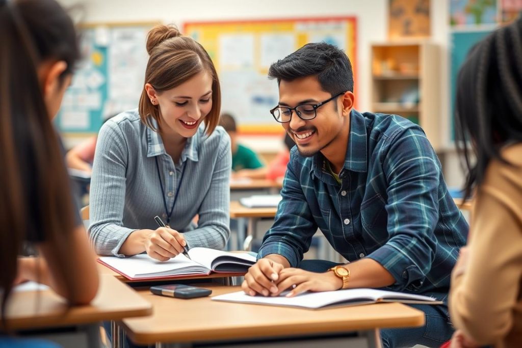 Teacher providing growth mindset feedback to a student Teacher providing growth mindset feedback to a student