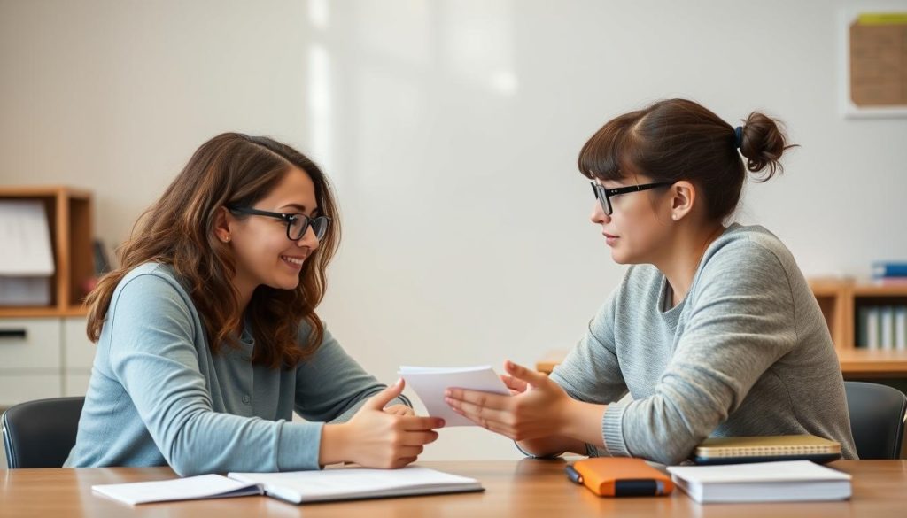 Teacher providing personalized feedback to a student during metacognitive activity Teacher providing personalized feedback to a student during metacognitive activity