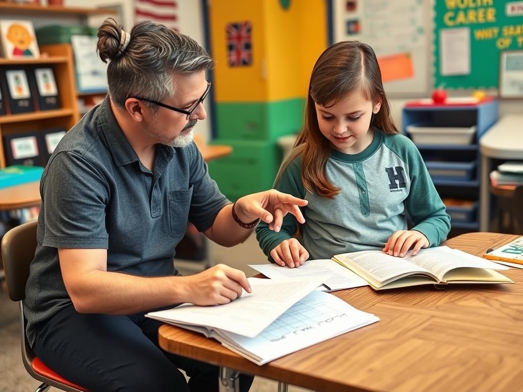 Teacher providing specific feedback to a student about their work Teacher providing specific feedback to a student about their work