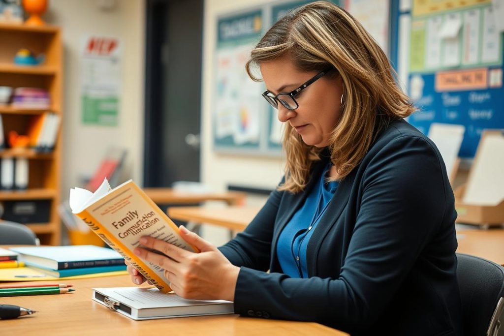 Teacher reading professional development book on communication skills Teacher reading professional development book on communication skills