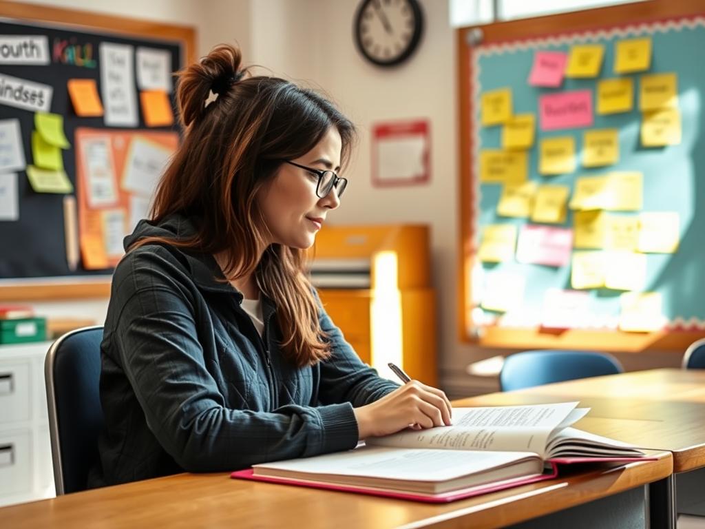 Teacher reflecting on their mindset with a journal and growth mindset resources Teacher reflecting on their mindset with a journal and growth mindset resources