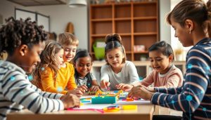 Teacher using brain based learning techniques with engaged students in a classroom