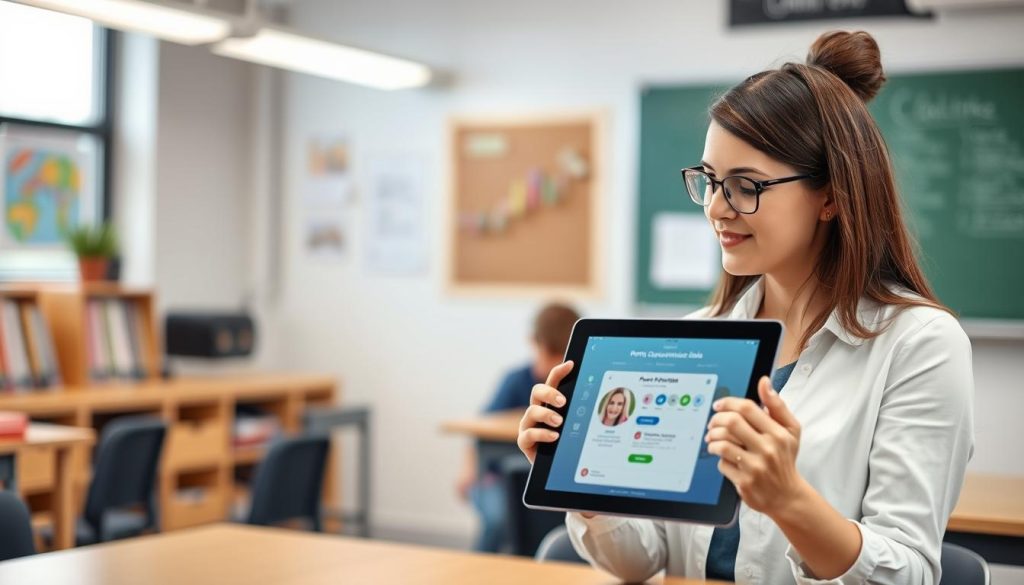 Teacher using digital communication tools on a tablet Teacher using digital communication tools on a tablet