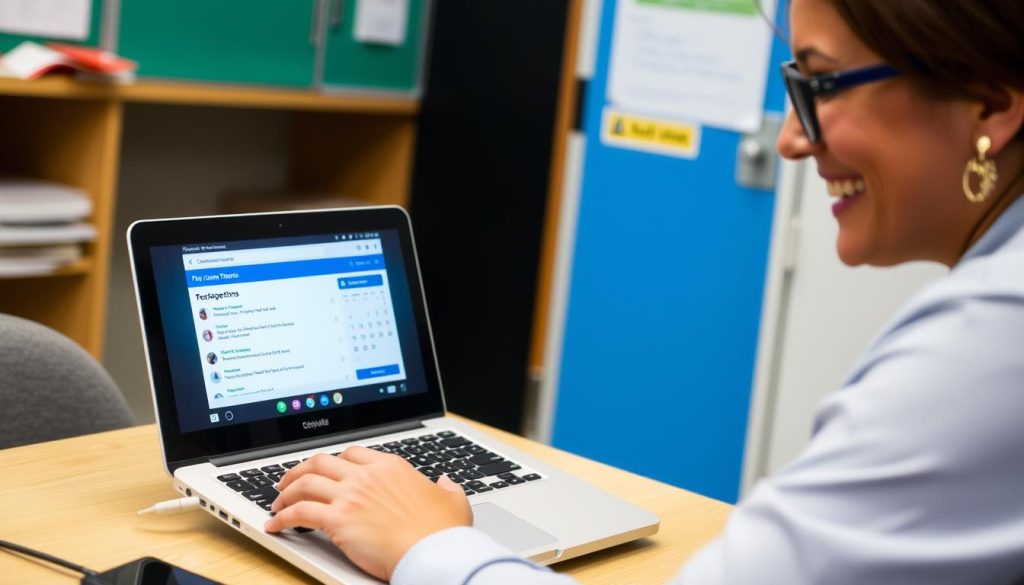Teacher using digital tools to communicate with parents Teacher using digital tools to communicate with parents