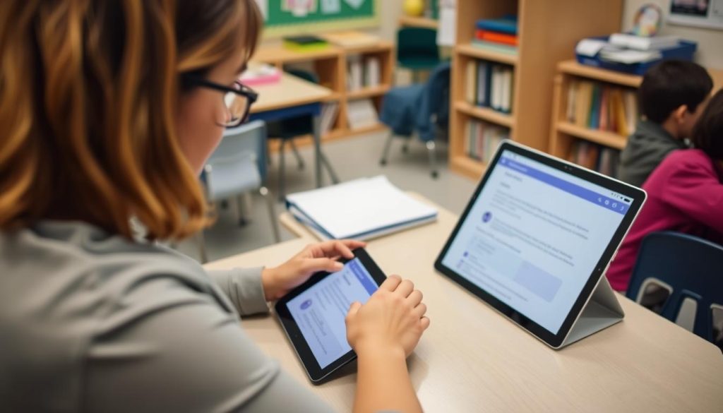 Teacher using digital tools to communicate with parents Teacher using digital tools to communicate with parents