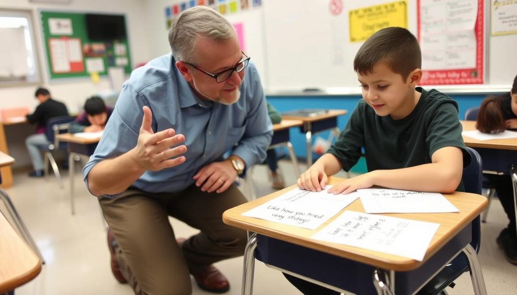 Teacher using growth mindset language with student as part of 6 steps for teachers methodology Teacher using growth mindset language with student as part of 6 steps for teachers methodology