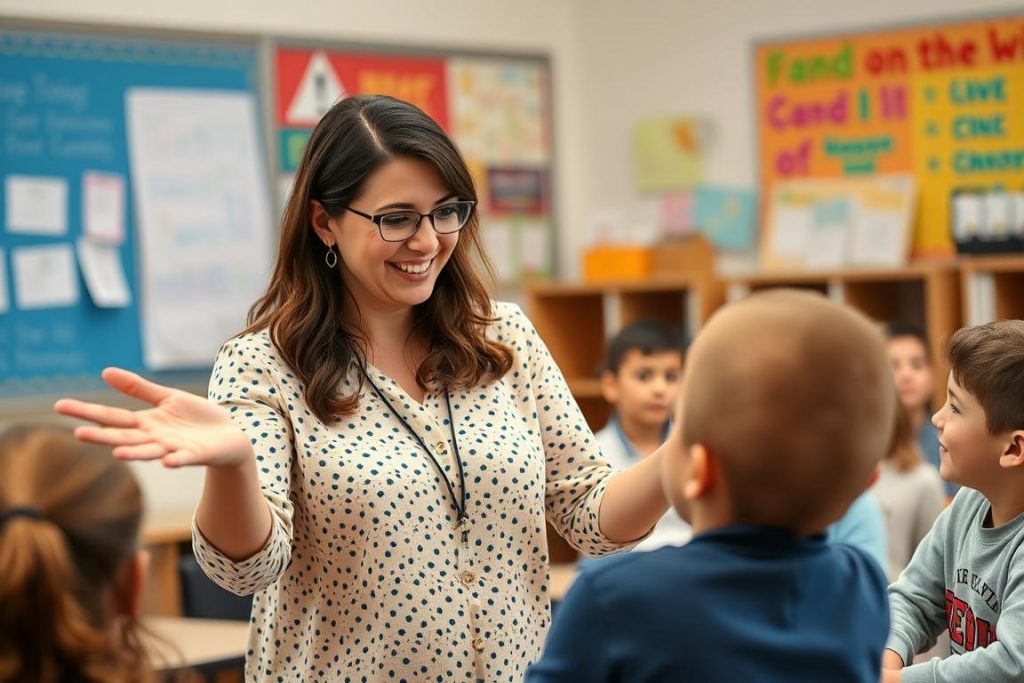 Teacher using positive non-verbal cues in classroom Teacher using positive non-verbal cues in classroom