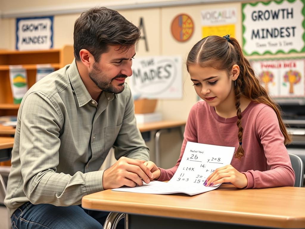Teacher working one-on-one with a student who is struggling with a challenging task Teacher working one-on-one with a student who is struggling with a challenging task