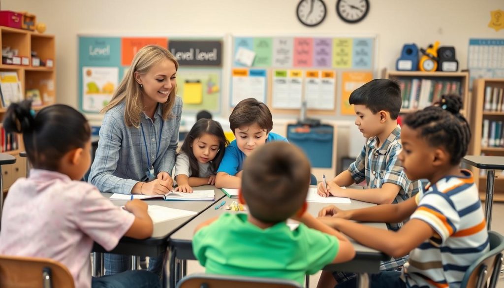 Teacher working with small groups of students on differentiated activities Teacher working with small groups of students on differentiated activities