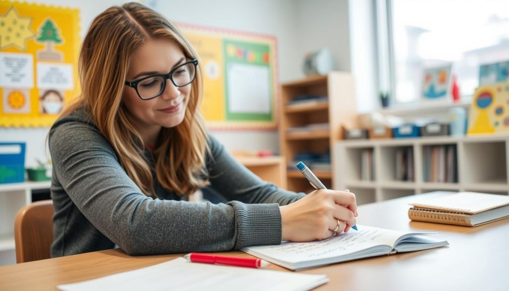 Teacher writing a positive note to send home to parents Teacher writing a positive note to send home to parents