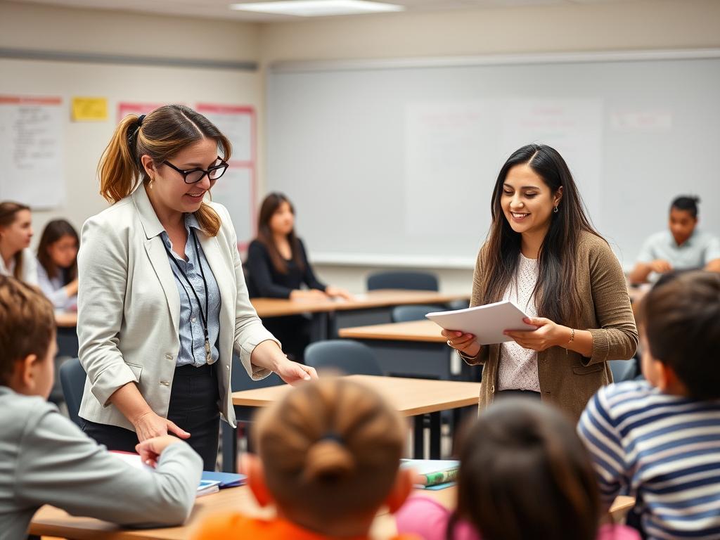 Teachers demonstrating complementary teaching styles and strategies in a co-taught classroom Teachers demonstrating complementary teaching styles and strategies in a co-taught classroom